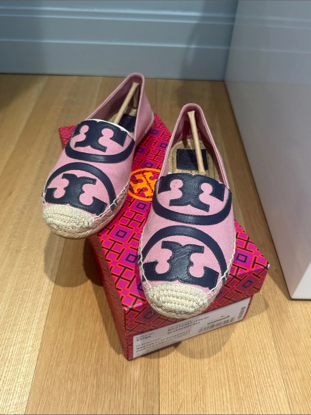 Tory Burch Pink Canvas Espadrilles with Navy Logo Medallion